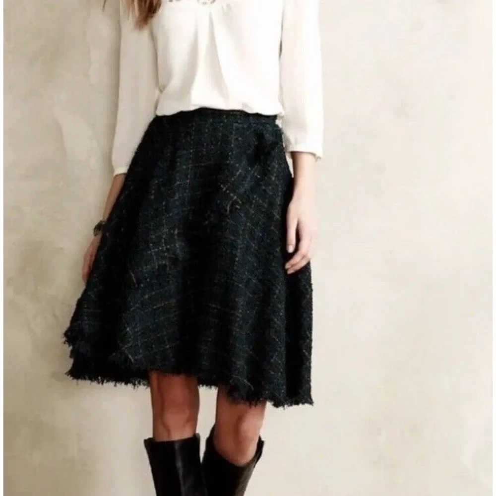 Anthropologie Eva Franco Fringed Tweed Skirt Womens Size 10 Green Plaid NEW TAGS - Picture 6 of 16